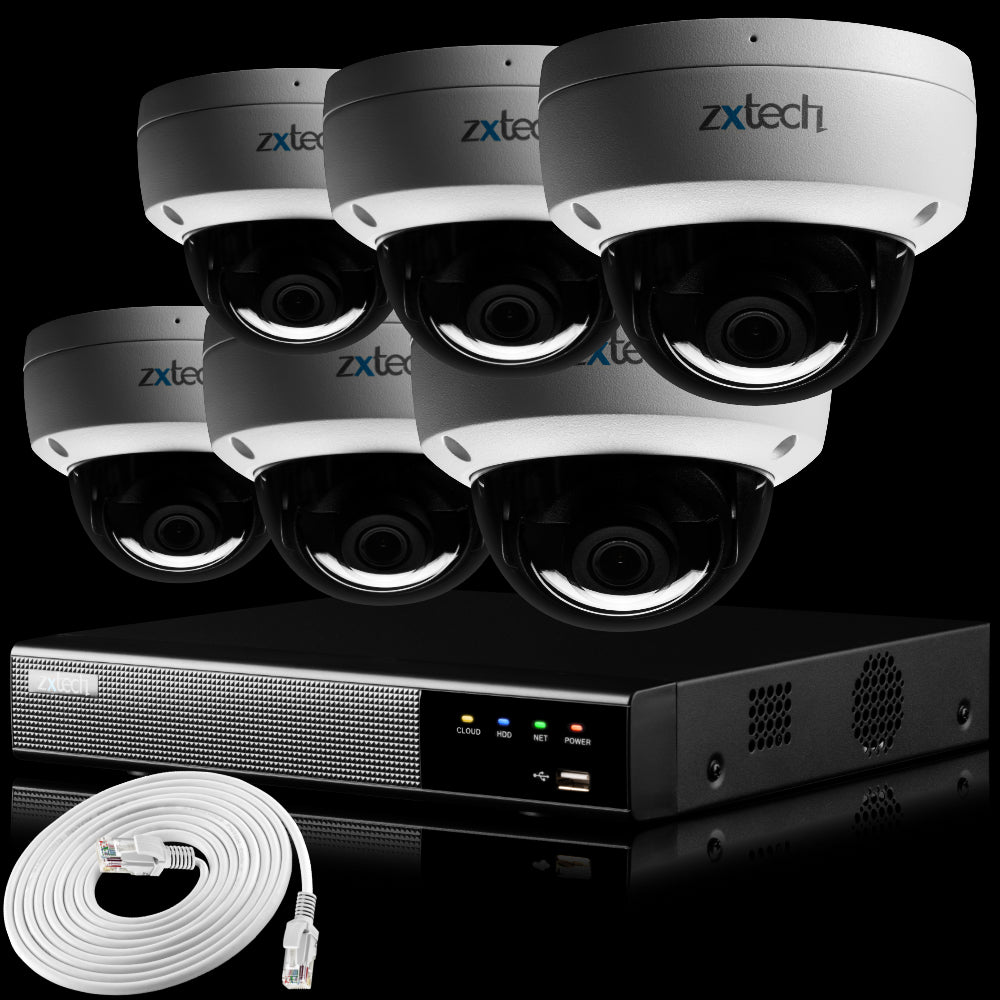 Zxtech IK10 4K PoE CCTV System – 6 x 8 MP Cameras with Sony Starvis, Stealth Night Vision & Built‑in Audio for High‑End Interiors | IK1A4Z