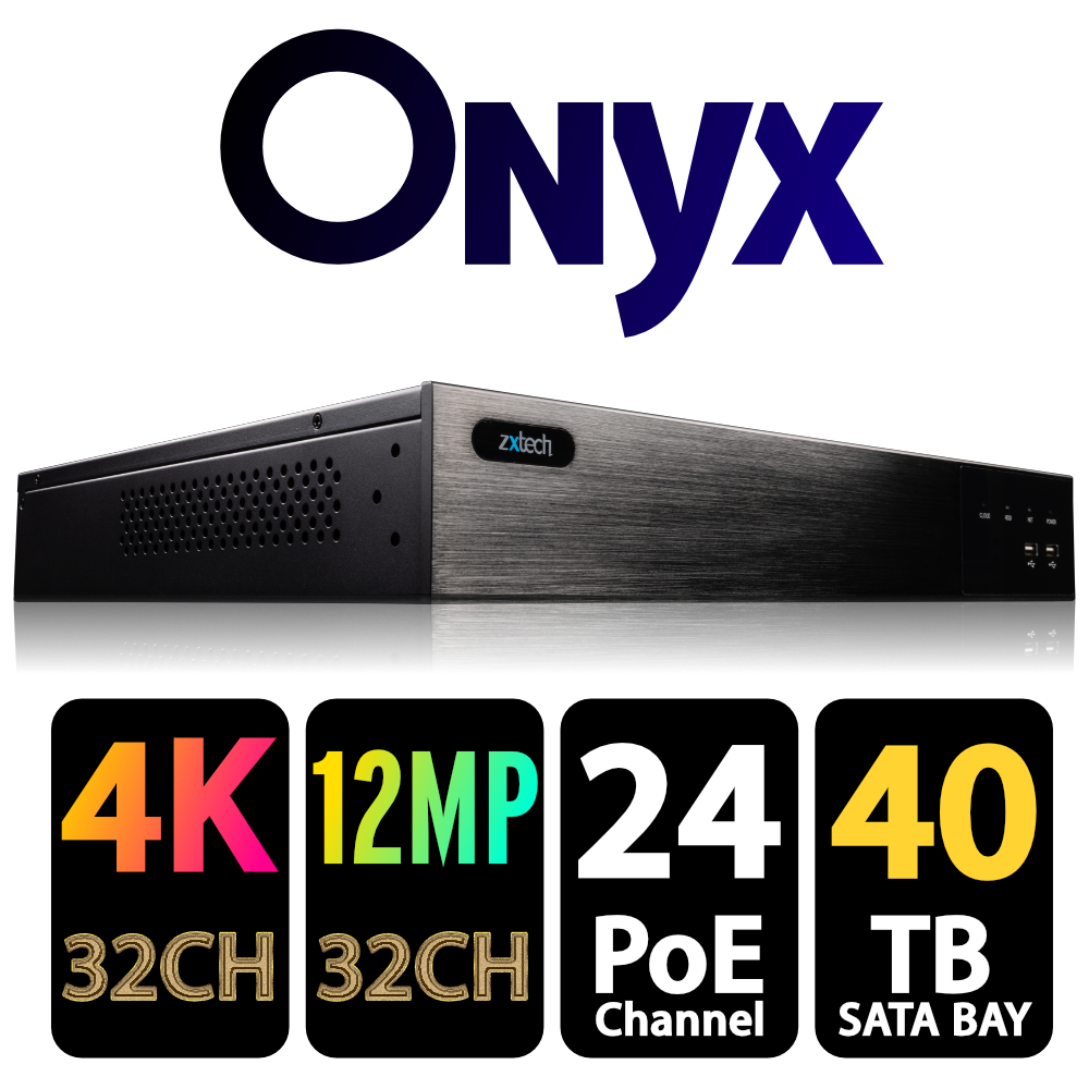 Zxtech Onyx 32CH (24-PoE) 16MP/4K PoE NVR Recorder, 4-Bay 40TB, H.265+, AI Human Detection
