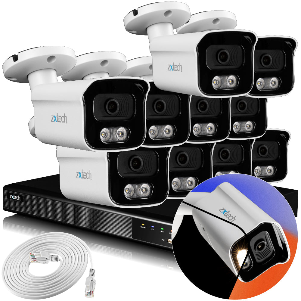 Zxtech 4K CCTV System - 10 x IP PoE Cameras Audio Recording Face Detection Outdoor Sony Starvis | RX10B16X