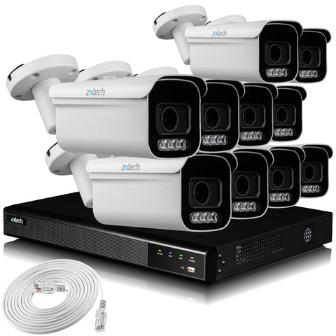 Zxtech 4K CCTV System - 10 x IP PoE Cameras Motorised Lens Face Detection Outdoor Sony Starvis Enhanced Night Vision | RX10D16X