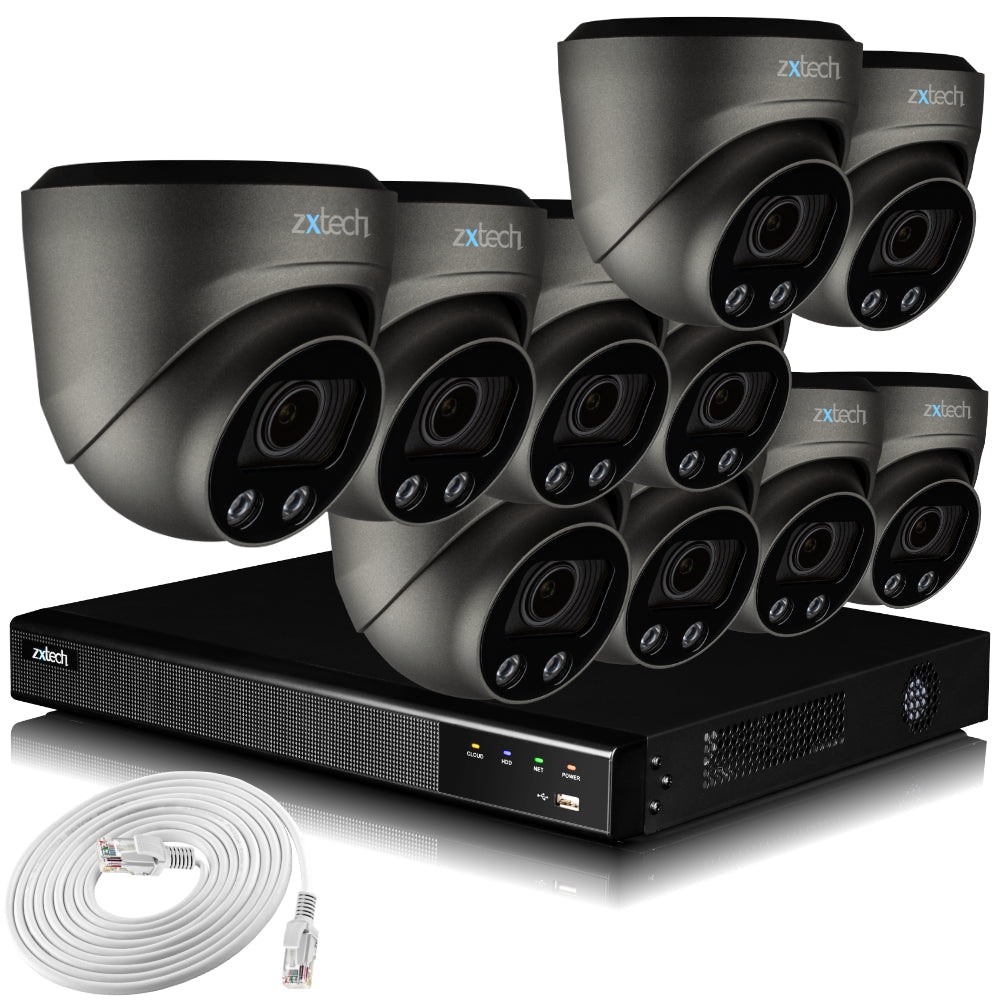 Zxtech 4K CCTV System - 10 x IP PoE Cameras Motorised Lens Face Detection Outdoor Sony Starvis | RX10G16X