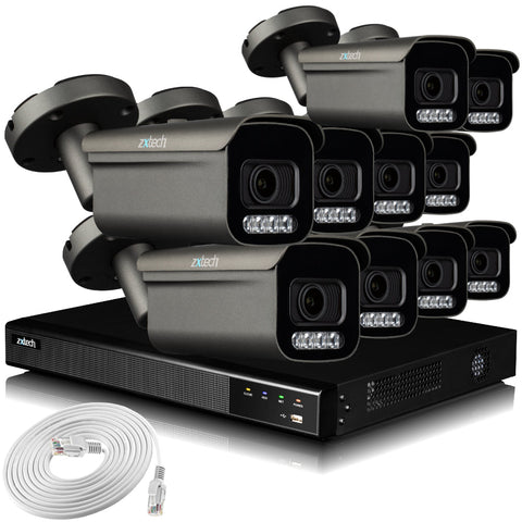 Zxtech 4K CCTV System - 10 x IP PoE Cameras Motorised Lens Face Detection Outdoor Sony Starvis Enhanced Night Vision | RX10H16X