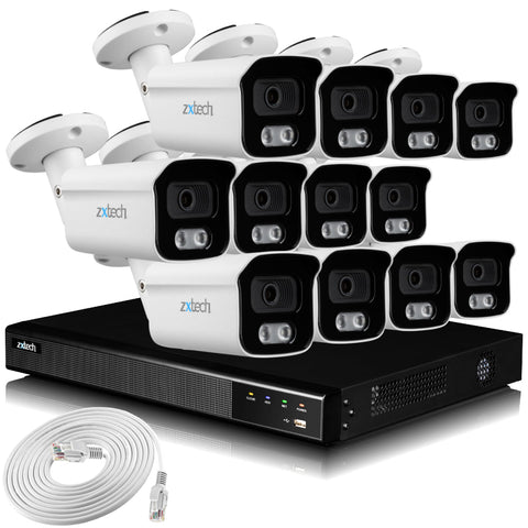 Zxtech 4K CCTV System - 12 x IP PoE Cameras Audio Recording Face Detection Outdoor Sony Starvis | RX12B16X