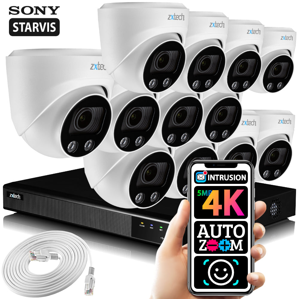 Zxtech 5MP 8MP 60M IR Auto Zoom PoE Security Camera NVR Face Recognition Kit RX12C16X