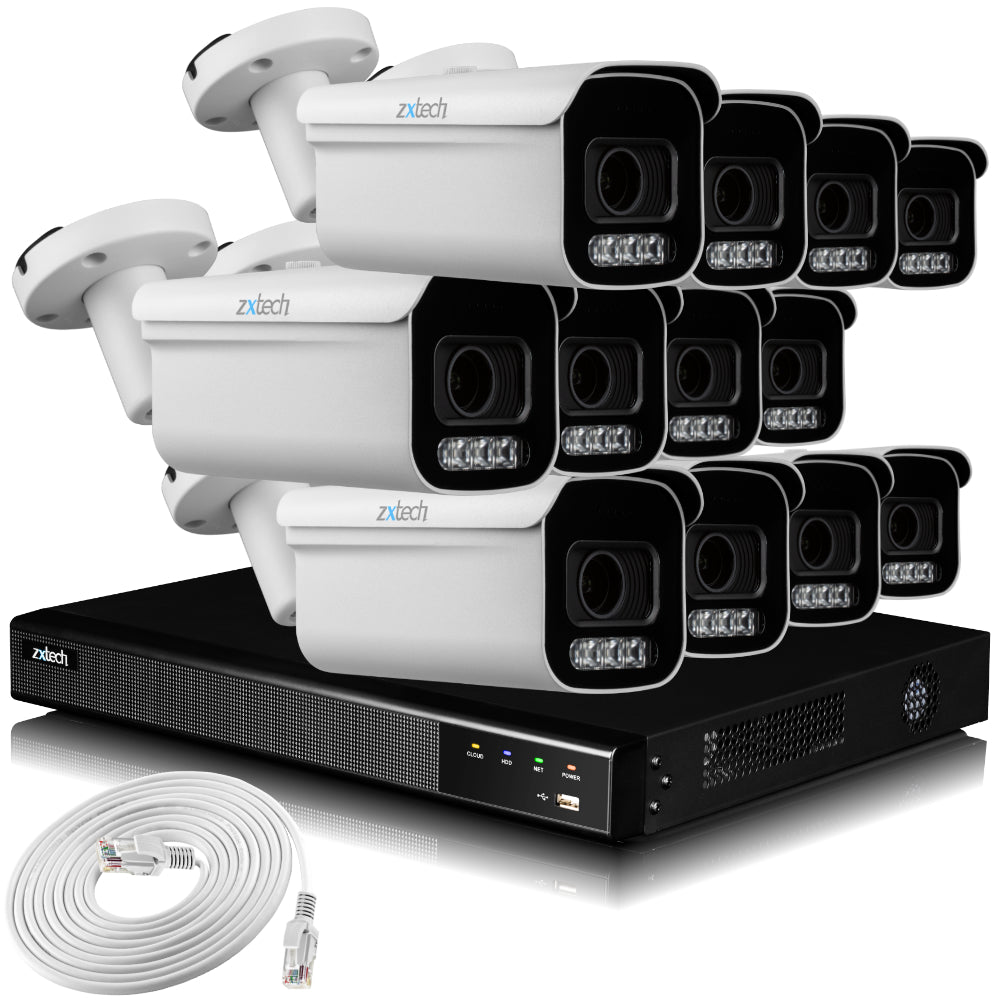 Zxtech 4K CCTV System - 12 x IP PoE Cameras Motorised Lens Face Detection Outdoor Sony Starvis Enhanced Night Vision | RX12D16X