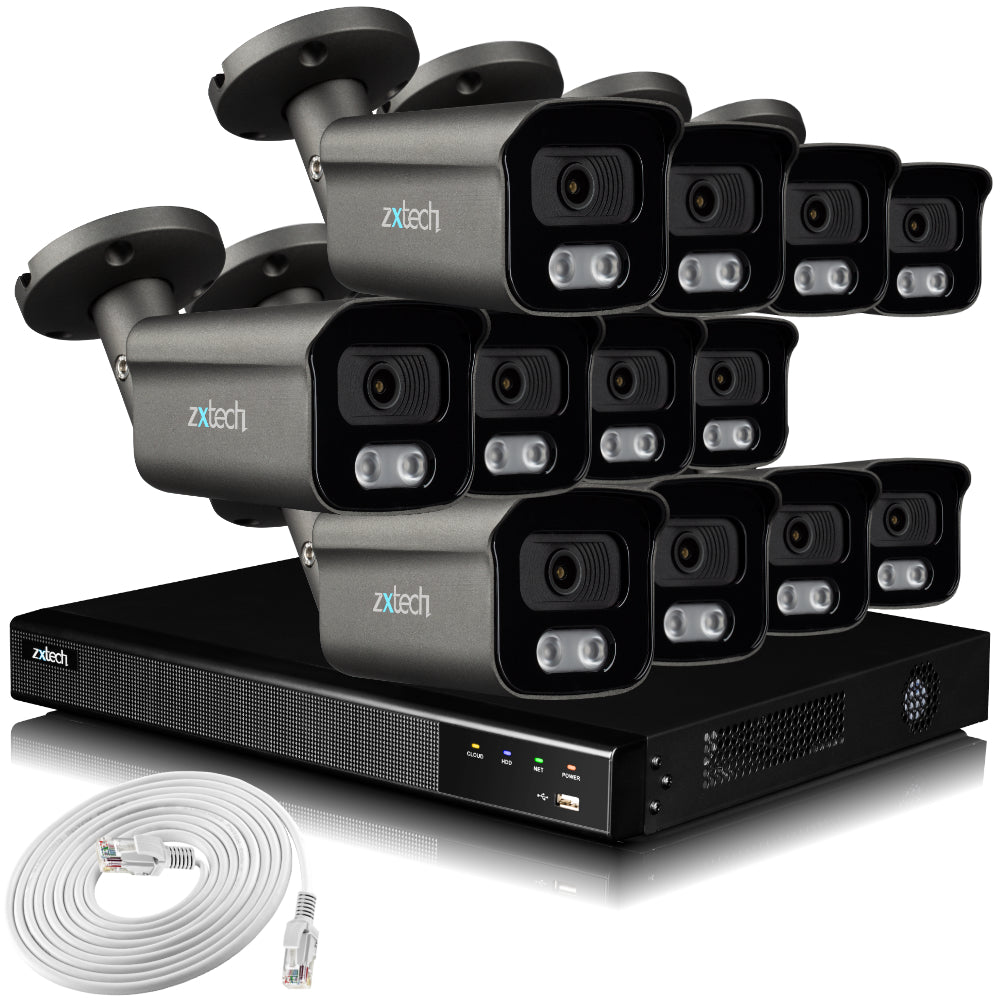 Zxtech 4K CCTV System - 12 x IP PoE Cameras Audio Recording Face Detection Outdoor Sony Starvis | RX12F16X