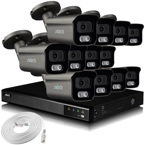 Zxtech 4K CCTV System - 12 x IP PoE Cameras Audio Recording Face Detection Outdoor Sony Starvis | RX12F16X