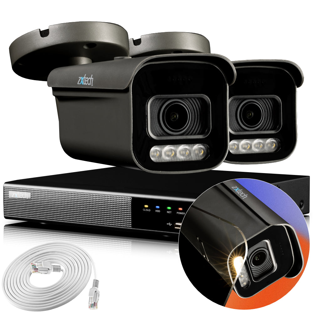 Zxtech 4K CCTV System - 2 x IP PoE Cameras Motorised Lens Face Detection Outdoor Sony Starvis Enhanced Night Vision | RX2H4Z