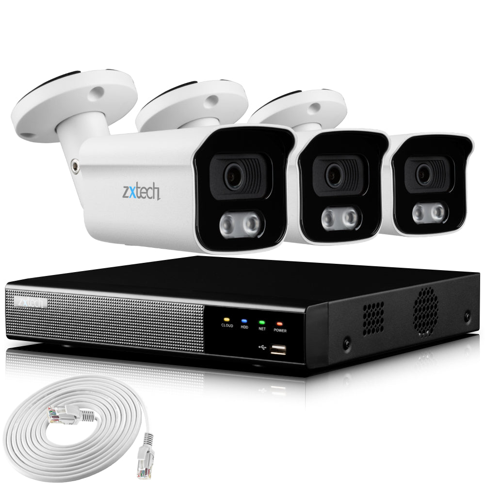 Zxtech 4K CCTV System - 3 x IP PoE Cameras Audio Recording Face Detection Outdoor Sony Starvis | RX3B4Z