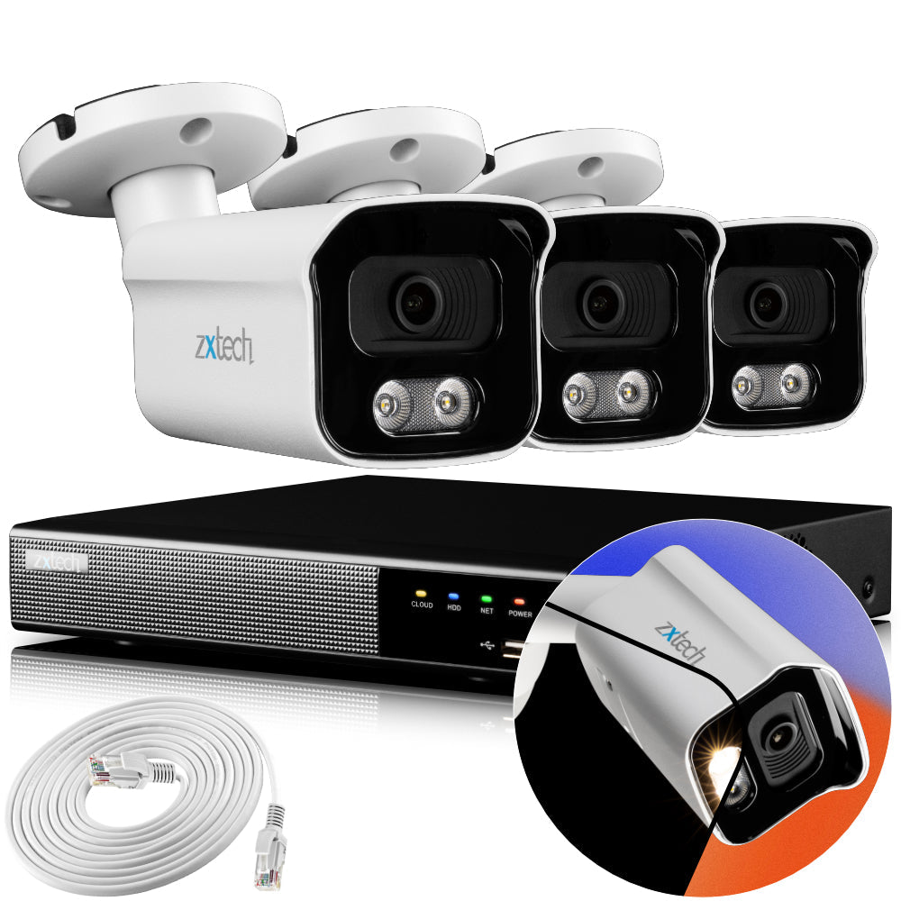 Zxtech 4K CCTV System - 3 x IP PoE Cameras Audio Recording Face Detection Outdoor Sony Starvis | RX3B4Z