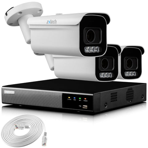 Zxtech 4K CCTV System - 3 x IP PoE Cameras Motorised Lens Face Detection Outdoor Sony Starvis Enhanced Night Vision | RX3D4Z