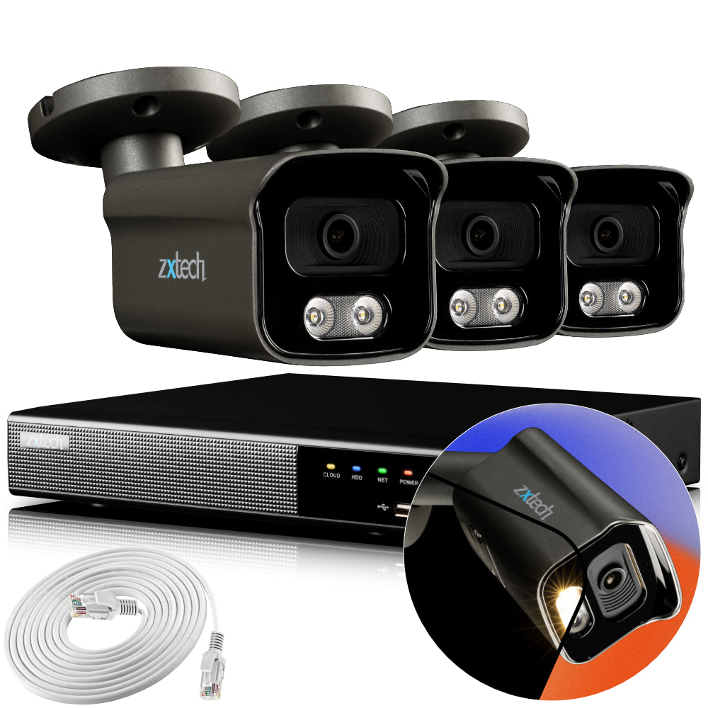 Zxtech 4K CCTV System - 3 x IP PoE Cameras Audio Recording Face Detection Outdoor Sony Starvis | RX3F4Z