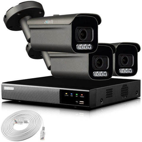 Zxtech 4K CCTV System - 3 x IP PoE Cameras Motorised Lens Face Detection Outdoor Sony Starvis Enhanced Night Vision | RX3H4Z