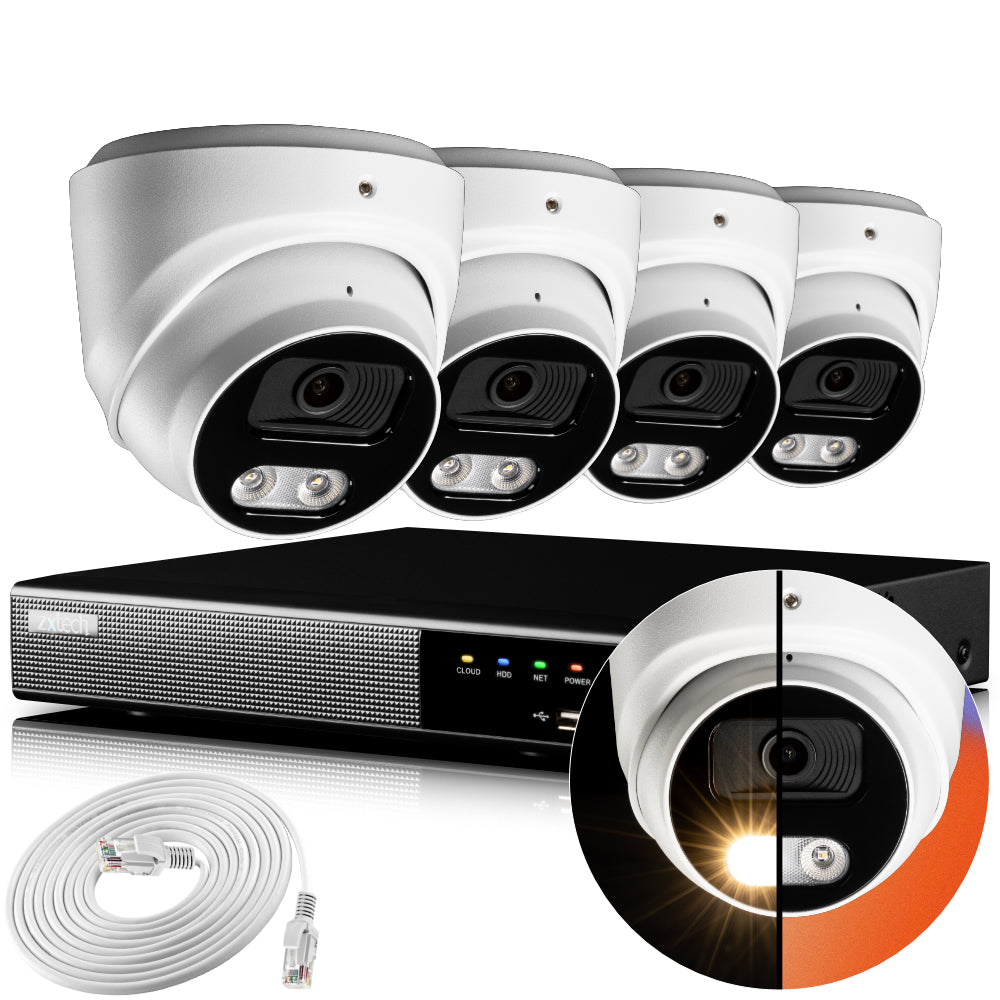 Zxtech 4K CCTV System - 4 x IP PoE Cameras Audio Recording Face Detection Outdoor Sony Starvis | RX4A4Z