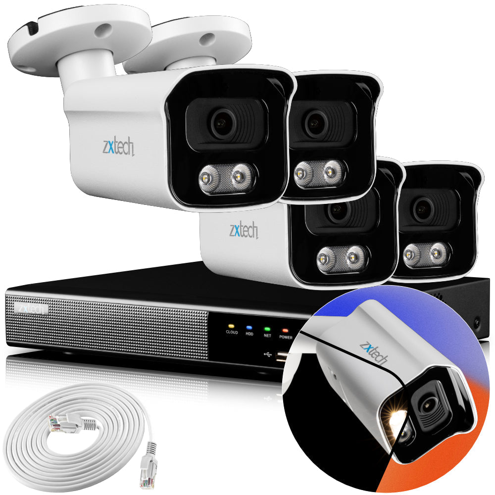 Zxtech 4K CCTV System - 4 x IP PoE Cameras Audio Recording Face Detection Outdoor Sony Starvis | RX4B4Z