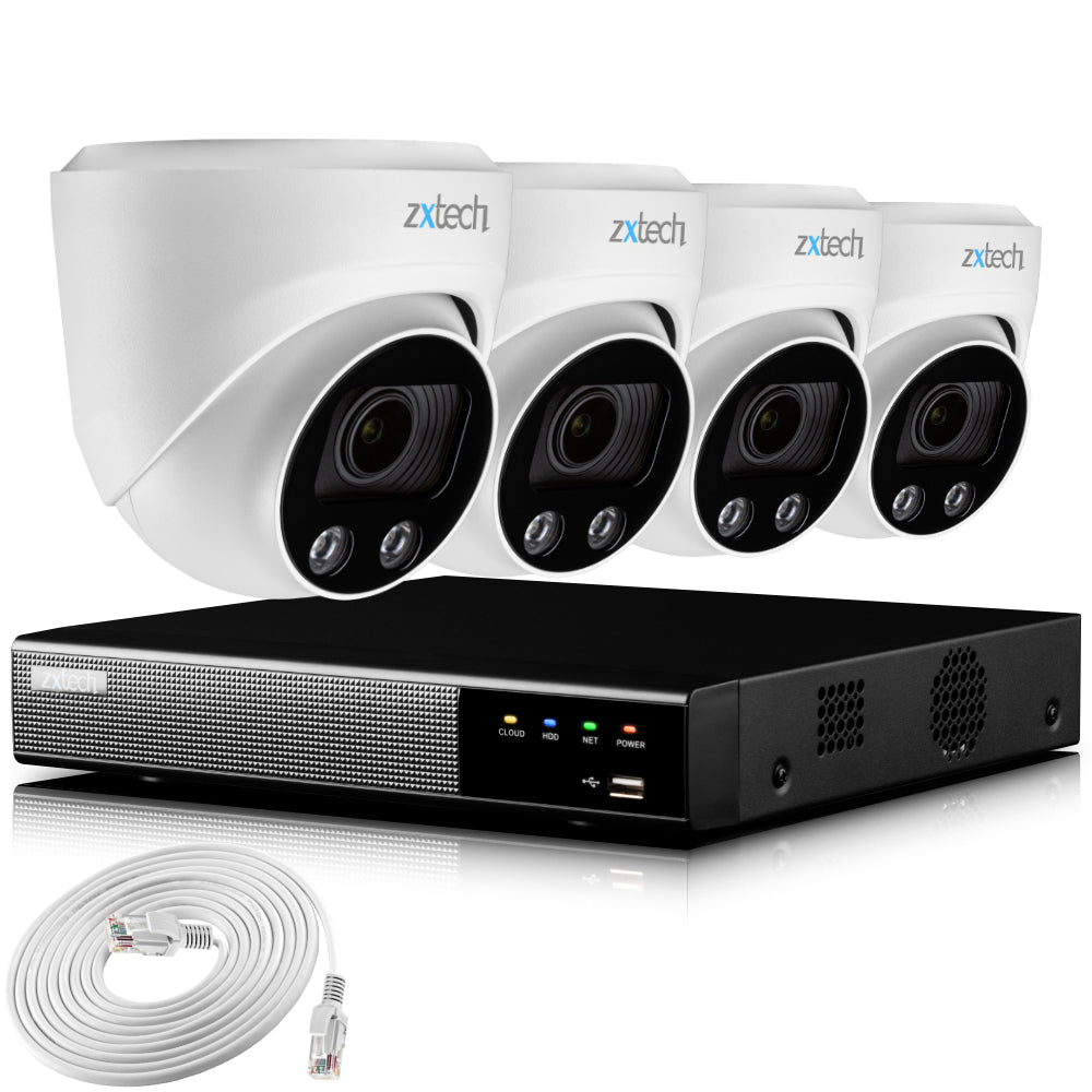 Zxtech 4K CCTV System - 4 x IP PoE Cameras Motorised Lens Face Detection Outdoor Sony Starvis | RX4C4Z