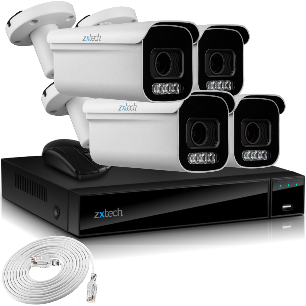 Zxtech 4K CCTV System - 4 x IP PoE Cameras Motorised Lens Face Detection Outdoor Sony Starvis Enhanced Night Vision | RX4D4Z