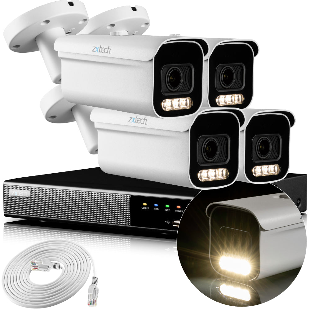 Zxtech 4K CCTV System - 4 x IP PoE Cameras Motorised Lens Face Detection Outdoor Sony Starvis Enhanced Night Vision | RX4D4Z