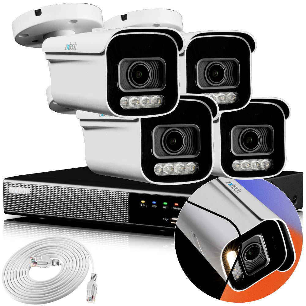 Zxtech 4K CCTV System - 4 x IP PoE Cameras Motorised Lens Face Detection Outdoor Sony Starvis Enhanced Night Vision | RX4D4Z
