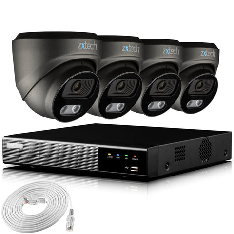 Zxtech 4K CCTV System - 4 x IP PoE Cameras Audio Recording Face Detection Outdoor Sony Starvis | RX4E4Z