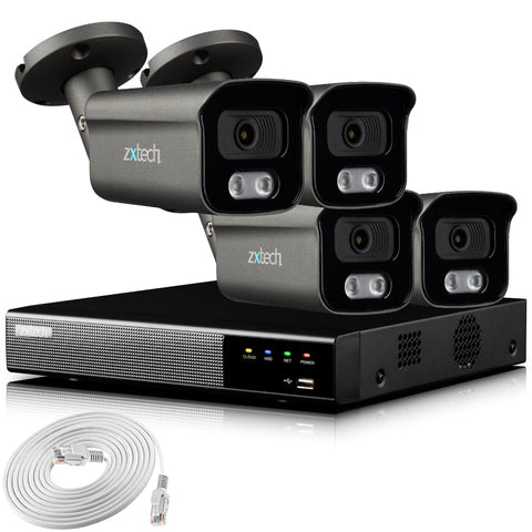 Zxtech 4K CCTV System - 4 x IP PoE Cameras Audio Recording Face Detection Outdoor Sony Starvis | RX4F4Z