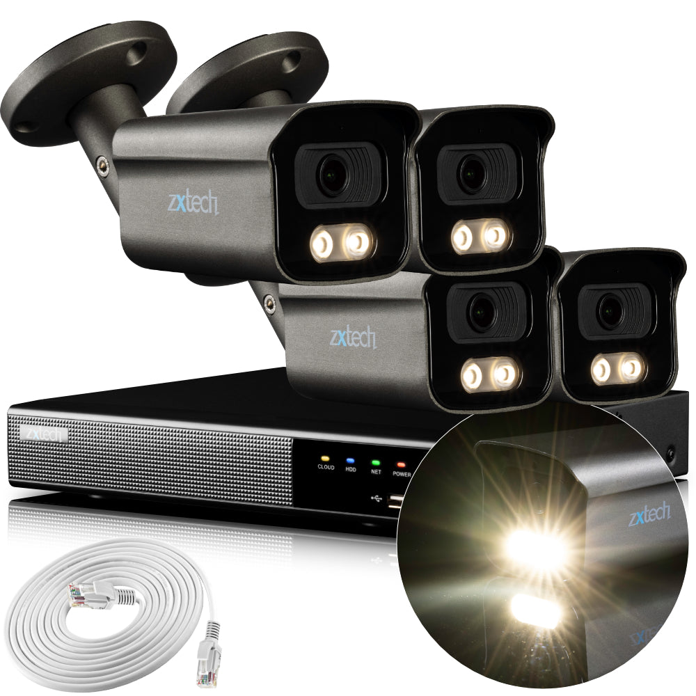 Zxtech 4K CCTV System - 4 x IP PoE Cameras Audio Recording Face Detection Outdoor Sony Starvis | RX4F4Z