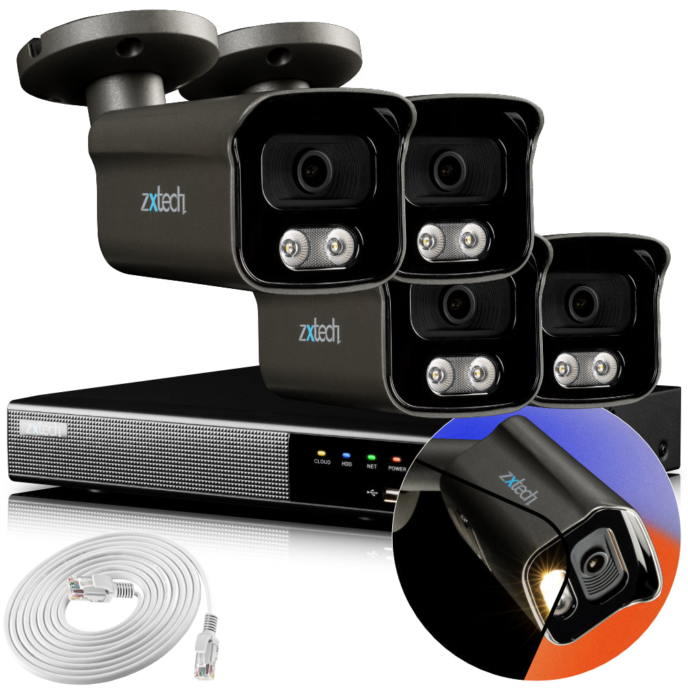 Zxtech 4K CCTV System - 4 x IP PoE Cameras Audio Recording Face Detection Outdoor Sony Starvis | RX4F4Z