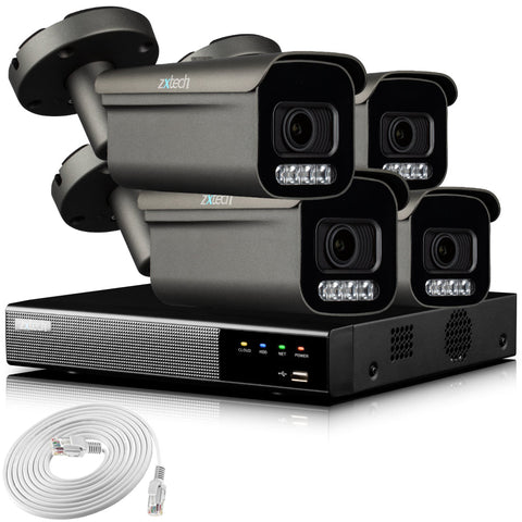 Zxtech 4K CCTV System - 4 x IP PoE Cameras Motorised Lens Face Detection Outdoor Sony Starvis Enhanced Night Vision | RX4H4Z
