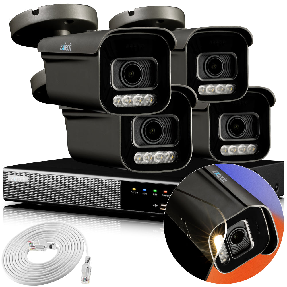 Zxtech 4K CCTV System - 4 x IP PoE Cameras Motorised Lens Face Detection Outdoor Sony Starvis Enhanced Night Vision | RX4H4Z