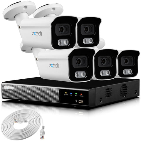 Zxtech 4K CCTV System - 5 x IP PoE Cameras Audio Recording Face Detection Outdoor Sony Starvis | RX5B9Y