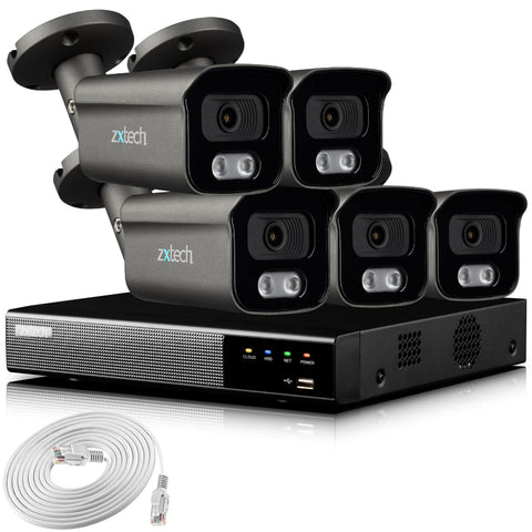 Zxtech 4K CCTV System - 5 x IP PoE Cameras Audio Recording Face Detection Outdoor Sony Starvis | RX5F9Y