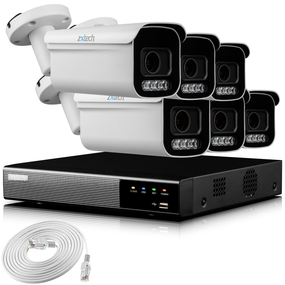Zxtech 4K CCTV System - 6 x IP PoE Cameras Motorised Lens Face Detection Outdoor Sony Starvis Enhanced Night Vision | RX6D9Y