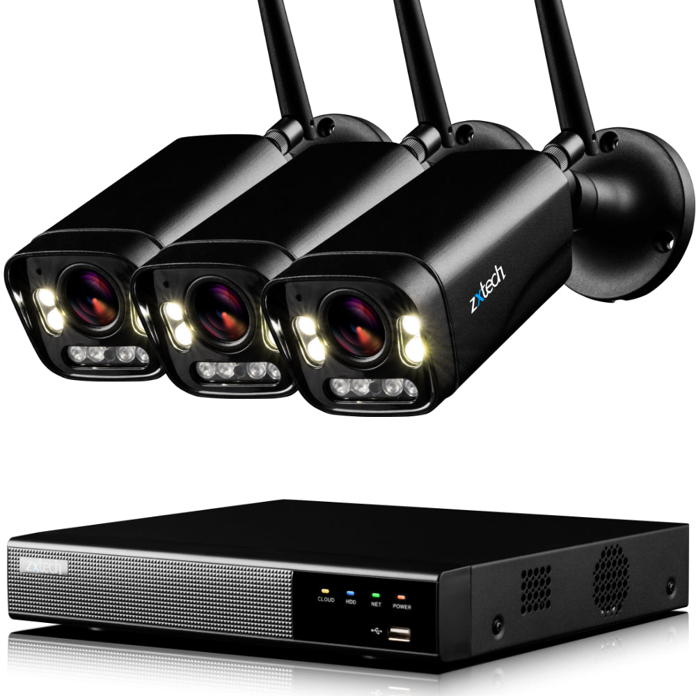 Zxtech 5MP/8MP/4K Wireless CCTV System - 3x WiFi Security Cameras Outdoor 2-Way-Audio Night Vision 9CH Sony Starvis | WF3D9Y