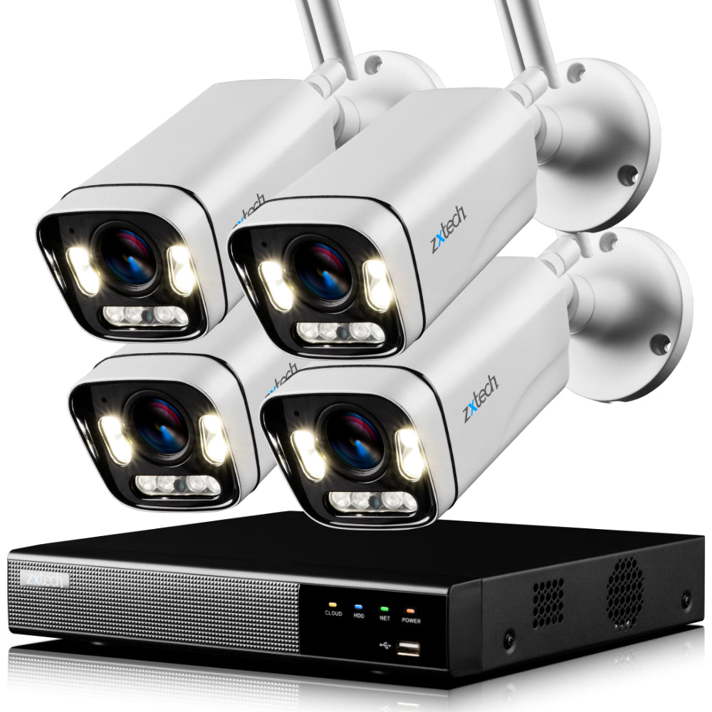 Zxtech 5MP/8MP/4K Wireless CCTV System - 4x WiFi Security Cameras Outdoor 2-Way-Audio Night Vision 9CH Sony Starvis | WF4A9Y