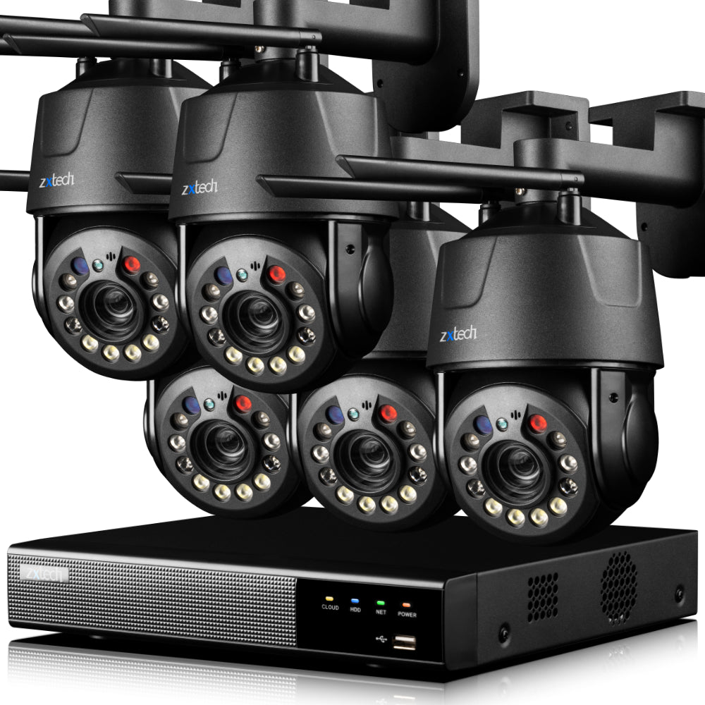 Zxtech 5MP/4K Wireless PTZ CCTV System - 5 x WiFi Security Camera 5X/10X/20X Auto Zoom Colour Night Vision Outdoor 2-Way-Audio 9CH Sony Starvis