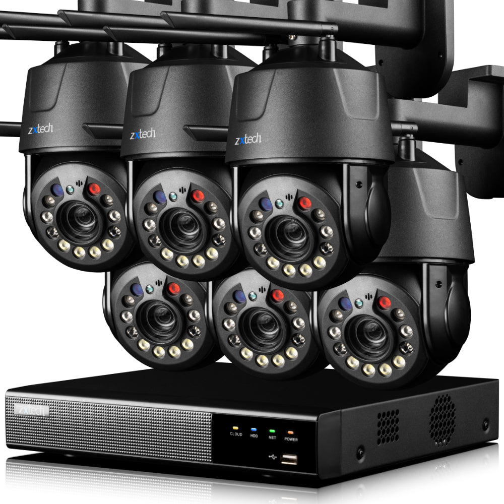 Zxtech 5MP/4K Wireless PTZ CCTV System - 6 x WiFi Security Camera 5X/10X/20X Auto Zoom Colour Night Vision Outdoor 2-Way-Audio 9CH Sony Starvis