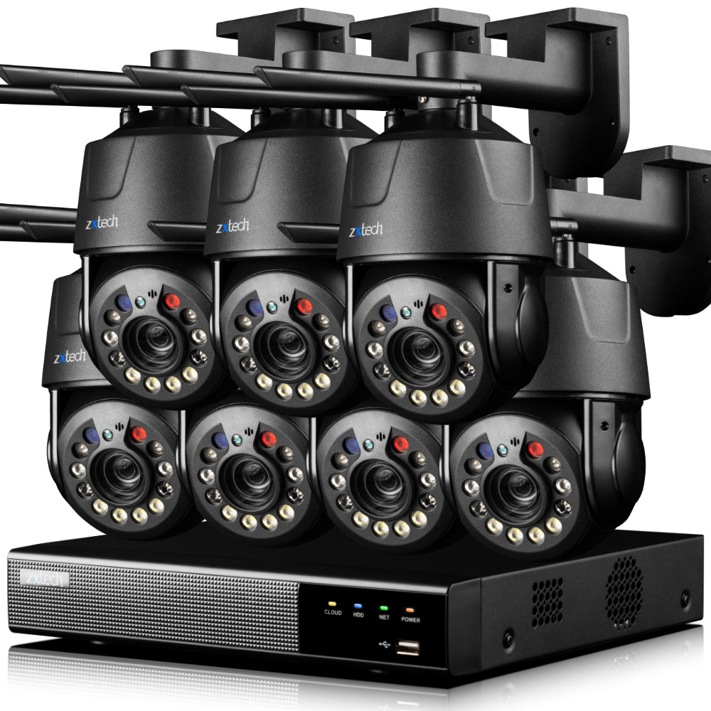Zxtech 5MP/4K Wireless PTZ CCTV System - 7 x WiFi Security Camera 5X/10X/20X Auto Zoom Colour Night Vision Outdoor 2-Way-Audio 9CH Sony Starvis