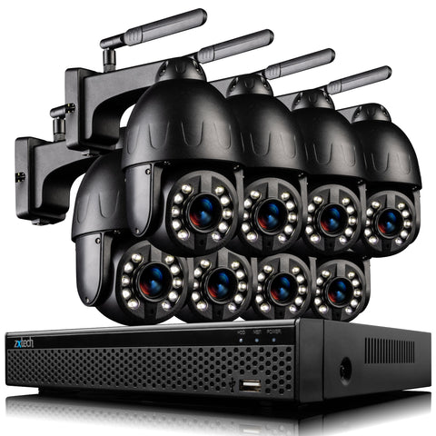 Zxtech 5MP/4K Wireless PTZ CCTV System - 8 x WiFi Security Camera 5X/10X/20X Auto Zoom Colour Night Vision Outdoor 2-Way-Audio 9CH Sony Starvis