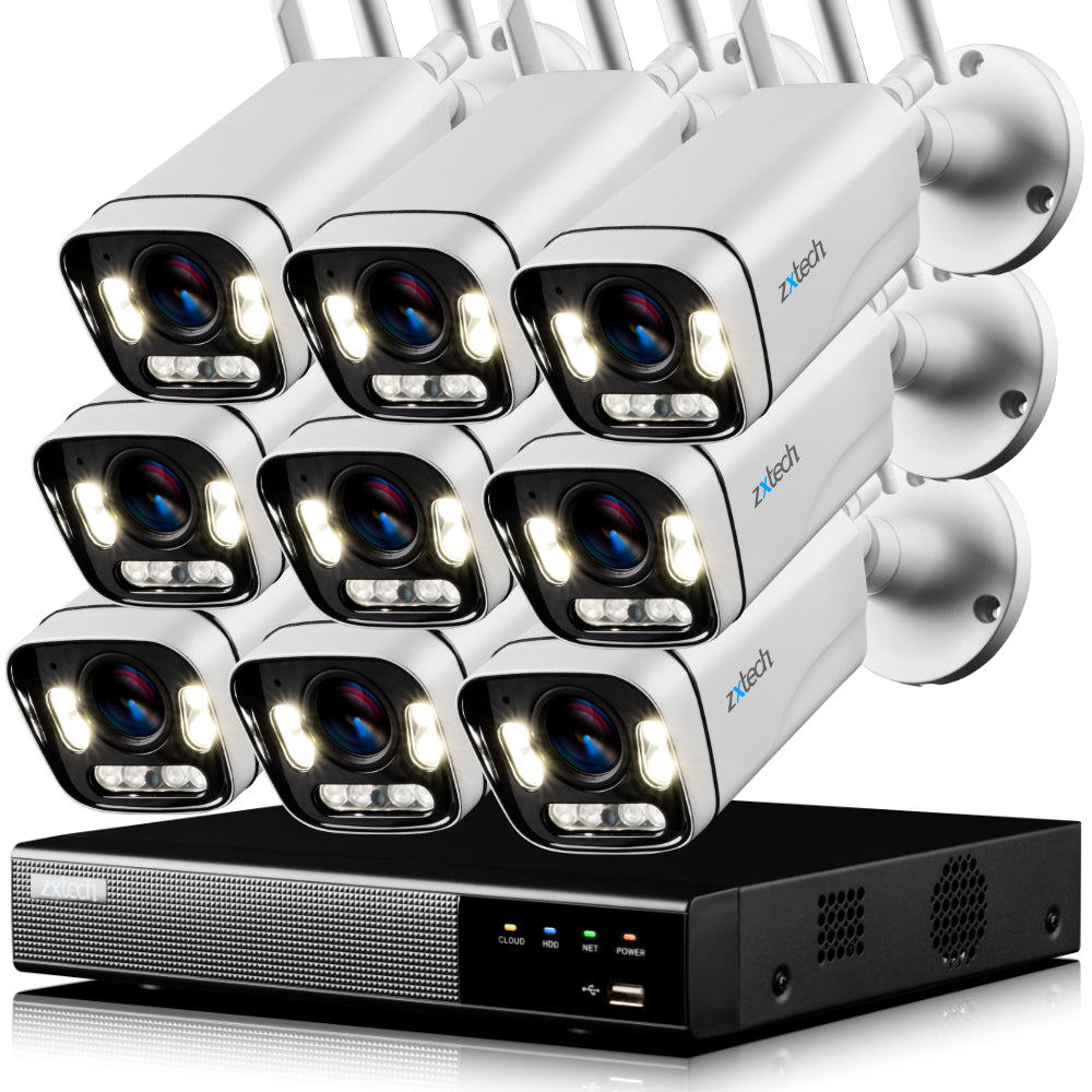 Zxtech 5MP/8MP/4K Wireless CCTV System - 9x WiFi Security Cameras Outdoor 2-Way-Audio Night Vision 9CH Sony Starvis | WF9A9Y