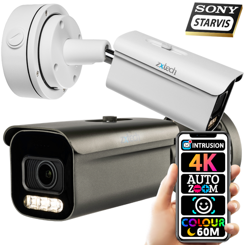 Zxtech Full Colour Night Vision 4K 8MP Bullet Auto Zoom PoE IP CCTV AI Camera | Face Recognition 60M LED Sony Starvis