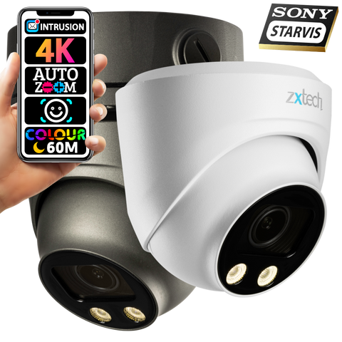 Zxtech Full Colour Night Vision 4K 8MP Dome Auto Zoom PoE IP CCTV AI Camera | Face Recognition 60M LED Sony Starvis