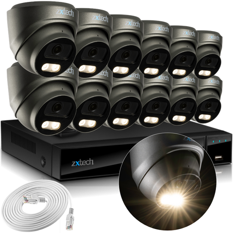 Zxtech 4K CCTV System - 12 x IP PoE Cameras Audio Recording Face Detection Outdoor Sony Starvis  | RX12E16X