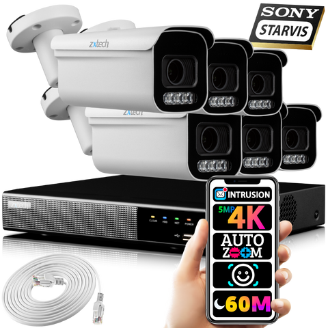 Zxtech 5MP 4K Auto Zoom PoE CCTV Camera Outdoor CCTV NVR Face Recognition Kit RX6D9Y