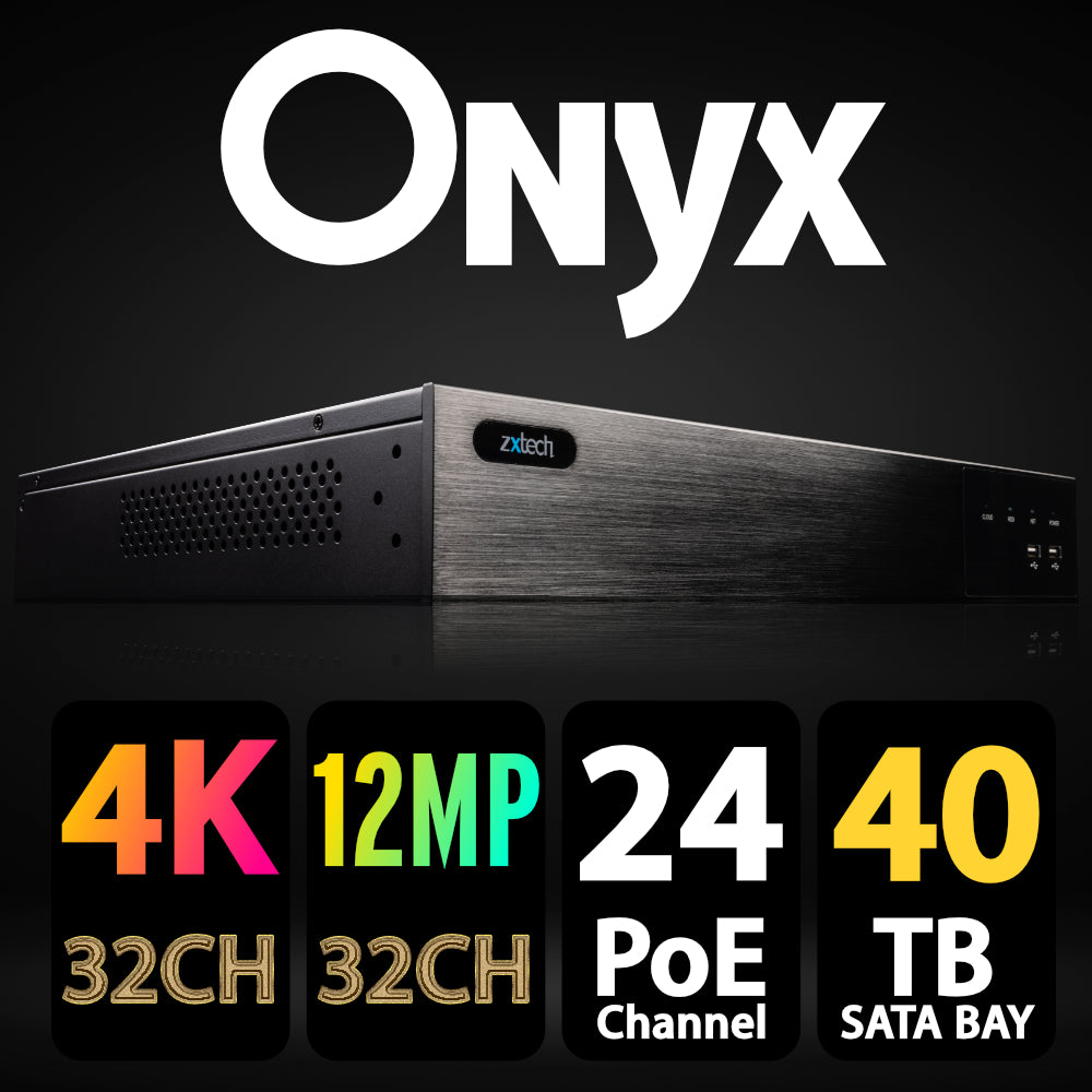 Zxtech Onyx 32CH (24-PoE) 16MP/4K PoE NVR Recorder, 4-Bay 40TB, H.265+, AI Human Detection