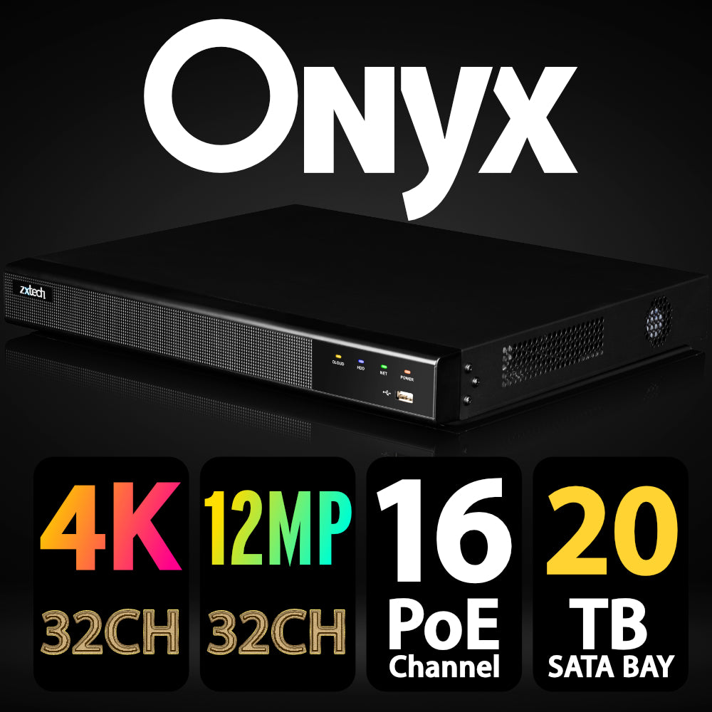 Zxtech Onyx 32CH (16-PoE) 16MP/4K PoE NVR Recorder, 2-Bay 20TB, H.265+, AI Human Detection