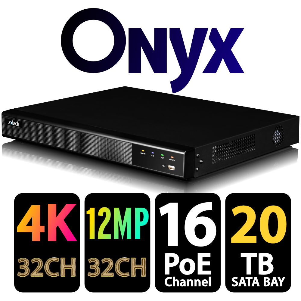 Zxtech Onyx 32CH (16-PoE) 16MP/4K PoE NVR Recorder, 2-Bay 20TB, H.265+, AI Human Detection