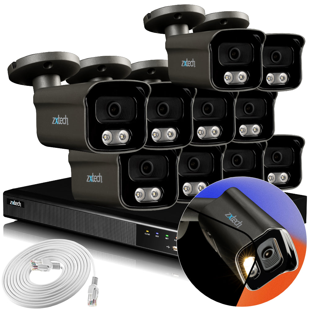 Zxtech 4K CCTV System - 10 x IP PoE Cameras Audio Recording Face Detection Outdoor Sony Starvis  | RX10F16X