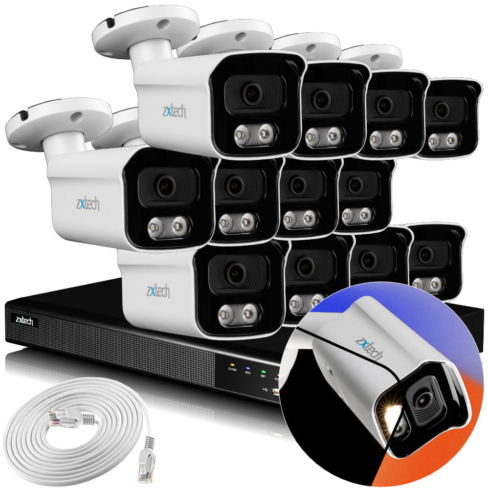 Zxtech 4K CCTV System - 12 x IP PoE Cameras Audio Recording Face Detection Outdoor Sony Starvis  | RX12B16X