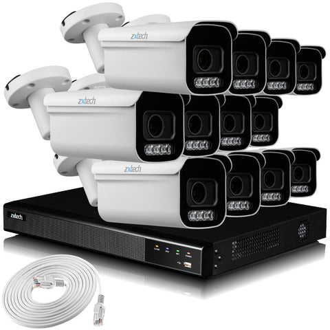 Zxtech 4K CCTV System - 12 x IP PoE Cameras Motorised Lens Face Detection Outdoor Sony Starvis Enhanced Night Vision  | RX12D16X