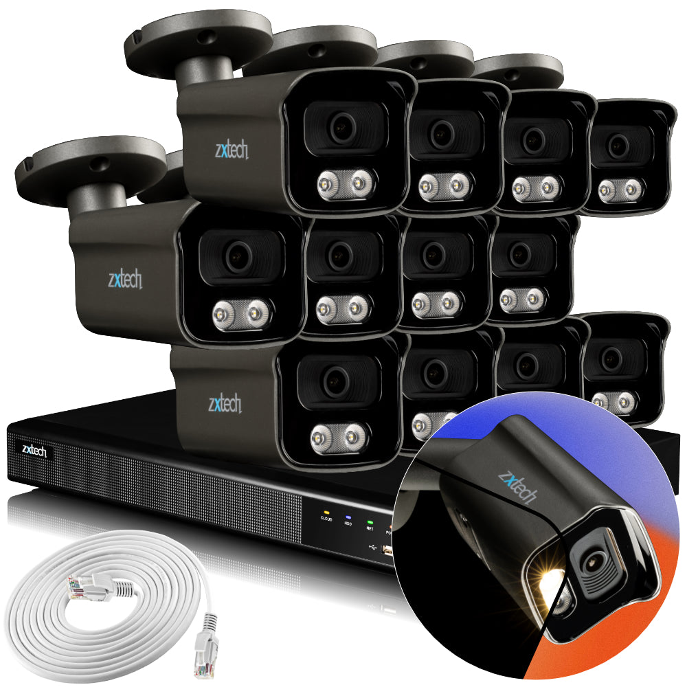 Zxtech 4K CCTV System - 12 x IP PoE Cameras Audio Recording Face Detection Outdoor Sony Starvis  | RX12F16X